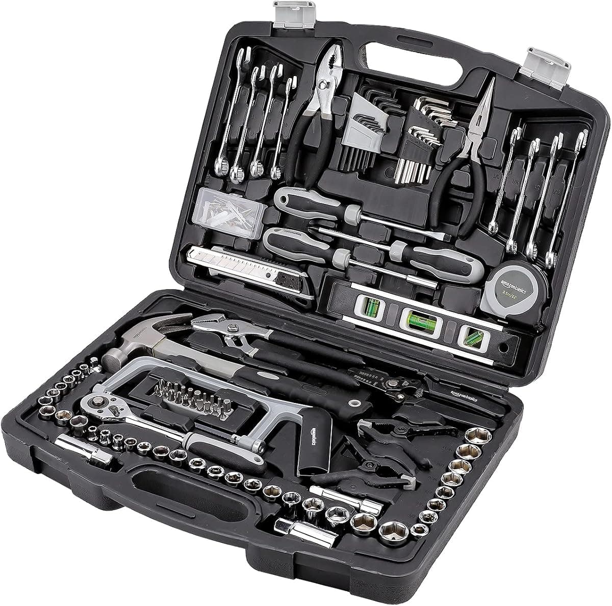 173-piece general tool set with hand tools and fittings in a case