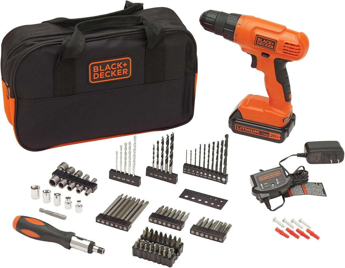 20V compact drill kit with a tool bag, drill bits, batteries and charger