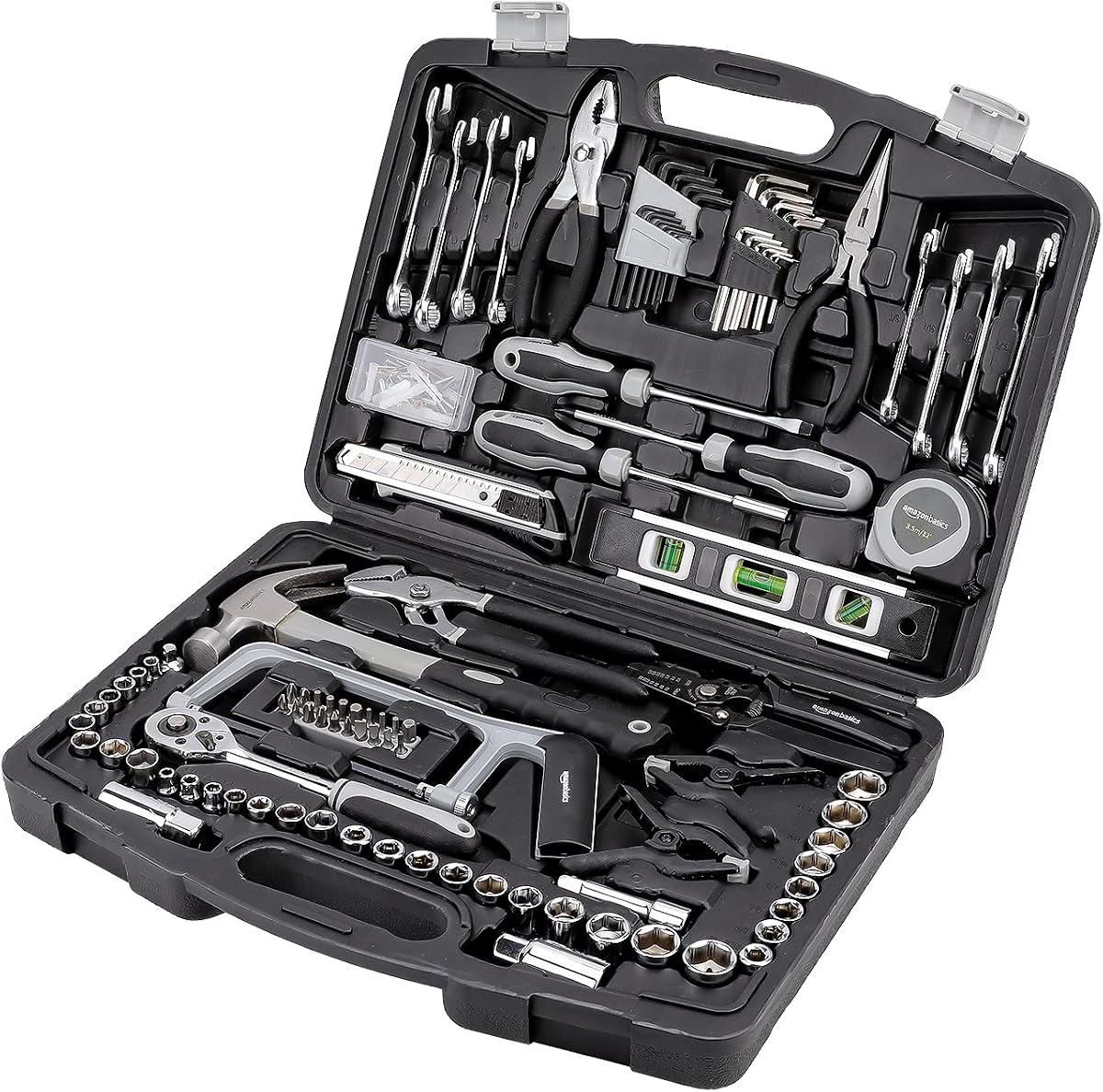 173-piece general tool set with hand tools and fittings in a case